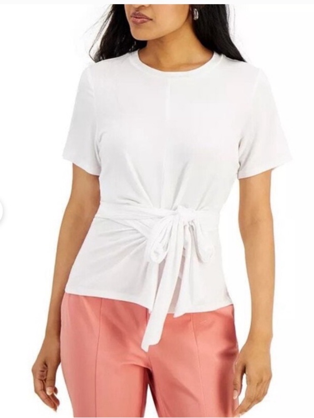 Alfani White Tie-Waist Short Sleeve Top PL